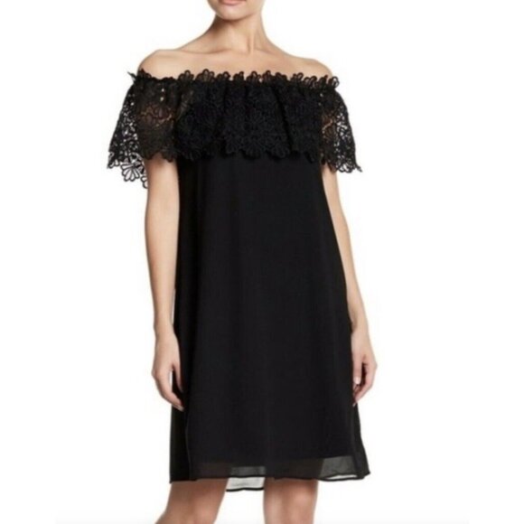 NEW Eliza J Womens 4 Black Off The Shoulder Mini Dress Lace Shear Lined - Picture 1 of 9